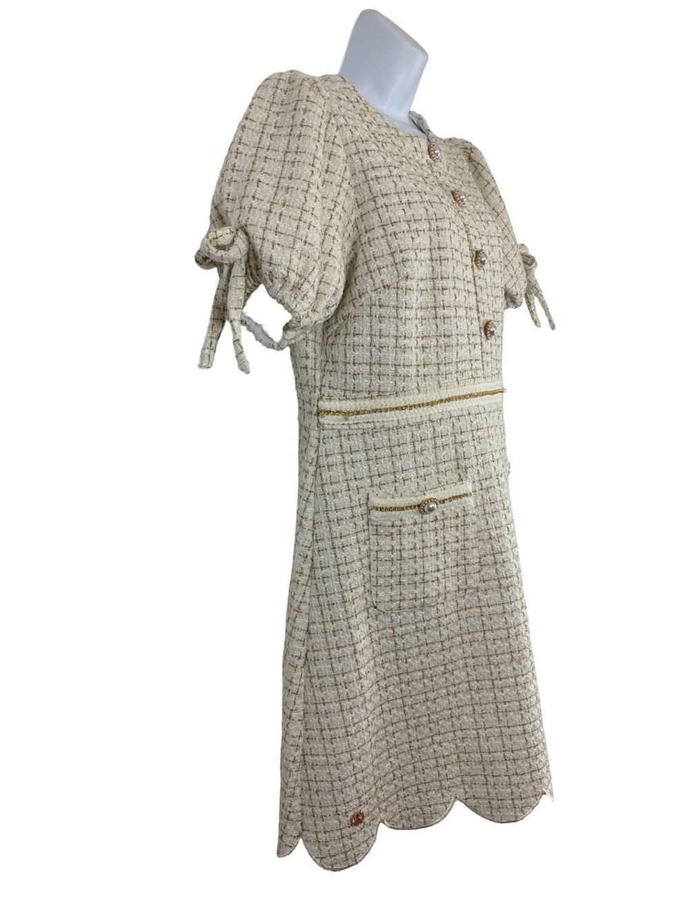 Simply Southern Cream Tweed Puff-Sleeve Scalloped Hem Mini Dress SzL - Picture 3 of 16